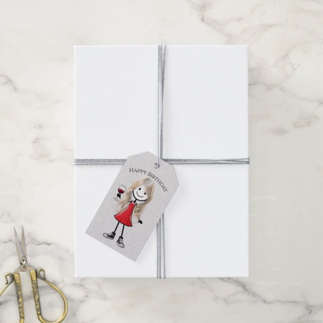 Geburtstags-Strichmännchen-Mädchen mit Weinglas Geschenkanhänger (Mit Garn)