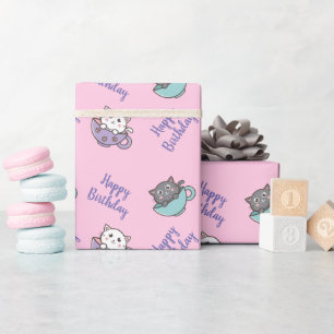 Geburtstags süße Katze in der Tasse pink Geschenkpapier