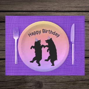 Geburtstags-Tanzende-Schwarzbären-Partyhüte-Pastel Pappteller