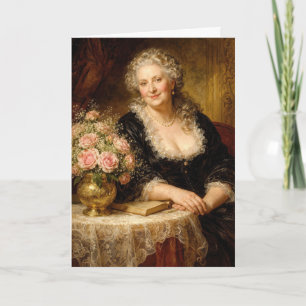 Geburtstags-Vintage-Frau posiert mit Rosenstrauß Karte