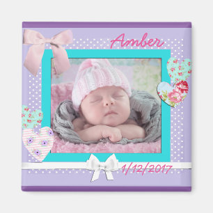 Geburtstagsankündigung mit Babyfoto Lila und Türki Magnet