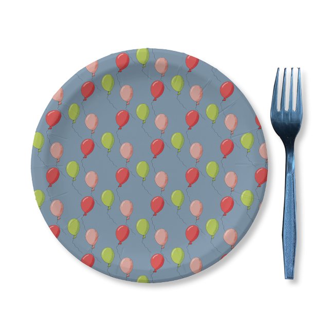 Geburtstagsballons Hellblaue Pappteller (Birthday balloons pattern light blue round paper plate .)