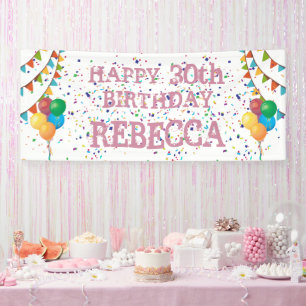 Geburtstagsbanner mit rosa Text und Confetti Banner