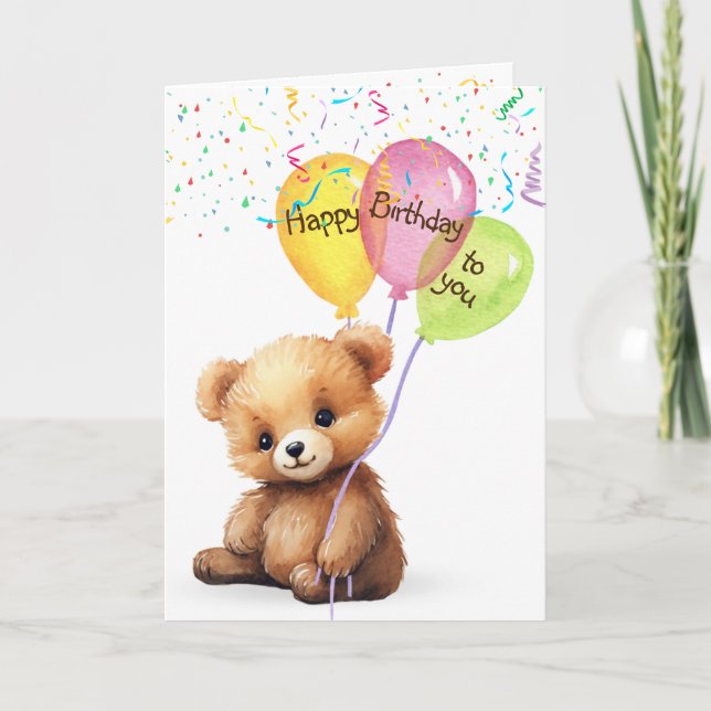 Geburtstagsbär mit Balloons und Confetti Karte (Vorderseite)