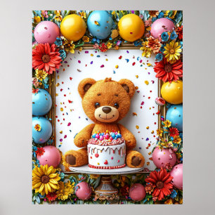 Geburtstagsbär mit Kuchen und Ballons Poster