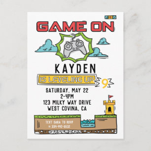 Geburtstagseinladung für Videospielparty 'Game On' Postkarte