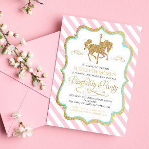 Geburtstagseinladung rosa mintgrün gold Karussell Einladung