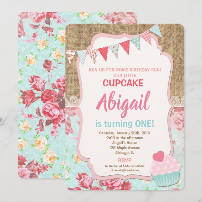 Geburtstagseinladung von Cupcake 1. Geburtstag Einladung (Vorne/Hinten)