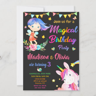 Geburtstagseinladung von Fairy and Unicorn an zwei Einladung