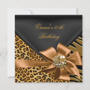 Geburtstagsfeier 50. Zebra Leopard Gold Schwarz Einladung