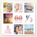 Geburtstagsfeier Foto Collage Rechteckiger Pappuntersetzer<br><div class="desc">Ein Party Untersetzer für eine mädchenhafte 80. Geburtstagsparty,  die ihr Leben mit einer Collage von 8 Ihrer Fotos feiert. Vorlagen für einen Namen,  Alter 80 und Datum. Geburtsdatum oder Geburtsdatum des Party. Korallen- und Bordeaux-Buchstaben. Weißer Hintergrund.</div>