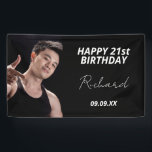 Geburtstagsfeier Foto Schwarz-weißer moderner Typ Banner<br><div class="desc">Ein Banner, der einen 21. Geburtstag (oder jeden Alters) feiert, der für einen Typ, Mann, einen Meilenstein darstellt. Ein eleganter, moderner schwarzer Hintergrund. Personalisieren und fügen Sie Ihr eigenes Foto des Geburtstagsjungen/Mannes hinzu. Der Text: Der Name in Weiß mit einem modernen handgeschriebenen Stil Skript. Tempate für einen Namen, Alter 21...</div>