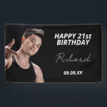 Geburtstagsfeier Foto Schwarz-weißer moderner Typ Banner<br><div class="desc">Ein Banner, der einen 21. Geburtstag (oder jeden Alters) feiert, der für einen Typ, Mann, einen Meilenstein darstellt. Ein eleganter, moderner schwarzer Hintergrund. Personalisieren und fügen Sie Ihr eigenes Foto des Geburtstagsjungen/Mannes hinzu. Der Text: Der Name in Weiß mit einem modernen handgeschriebenen Stil Skript. Tempate für einen Namen, Alter 21...</div>