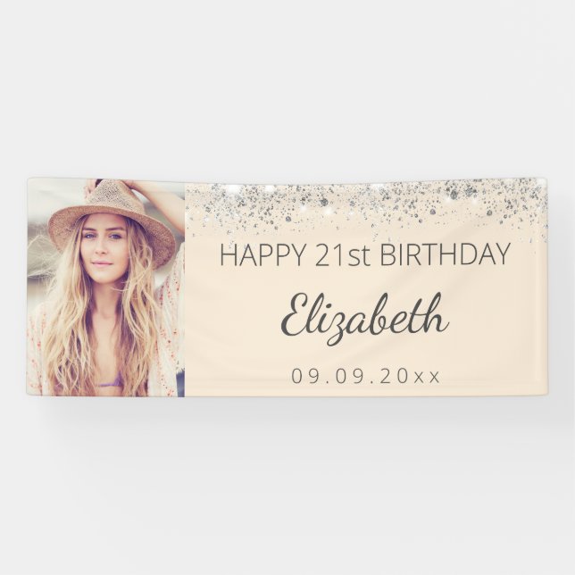 Geburtstagsfeier Foto Silber Creme Banner (Horizontal)