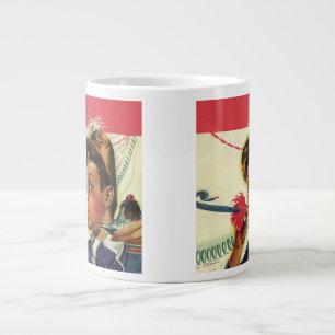 Geburtstagsfeier im Vintage-Stil, Mädchen mit Lärm Jumbo-Tasse