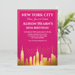 Geburtstagsfeier New Yorker Skyline Pink & Gold Einladung