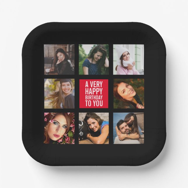 Geburtstagsfoto Collage Schwarz-Rot Pappteller (Vorderseite)