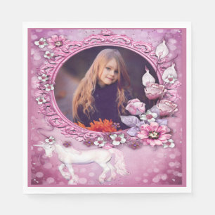 Geburtstagsfoto mit rosa floralem Einhorn Serviette