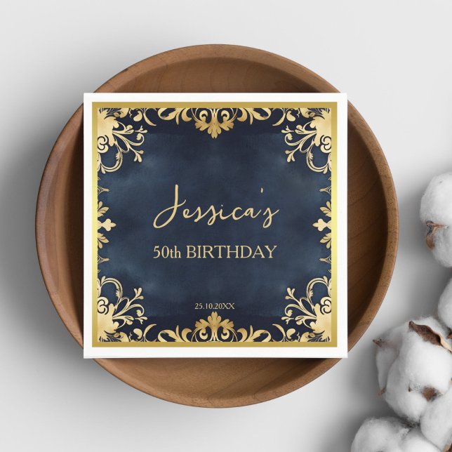 Geburtstagsgeschenk für Schwarz und Gold Serviette (Black and gold ornamental birthday party template napkins personalized party tableware 50ieth 60ieth)