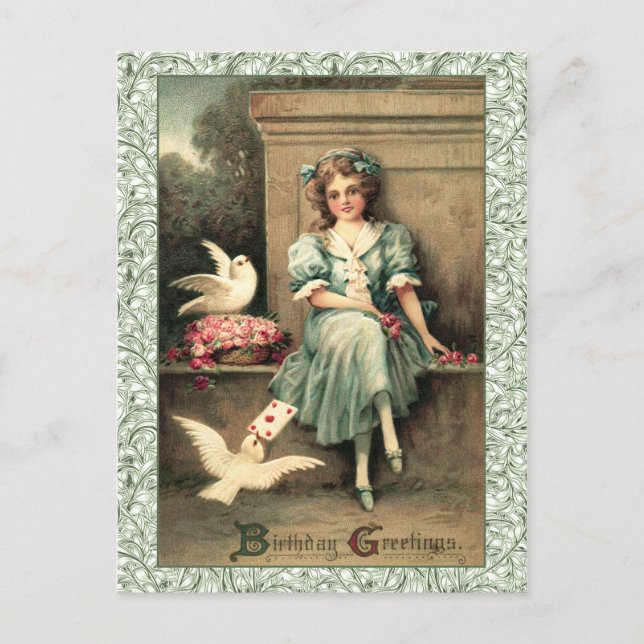 Geburtstagsgruß Girl & Doves Postkarte (Vorderseite)
