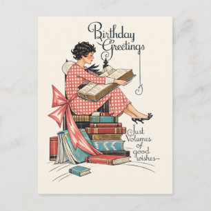 Geburtstagsillustration für Vintage-Buchliebhaber Postkarte