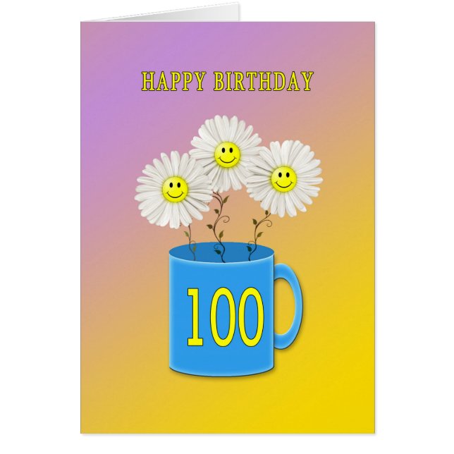 Geburtstagskarte 100 mit fröhlich lächelnden Blume (Vorne)
