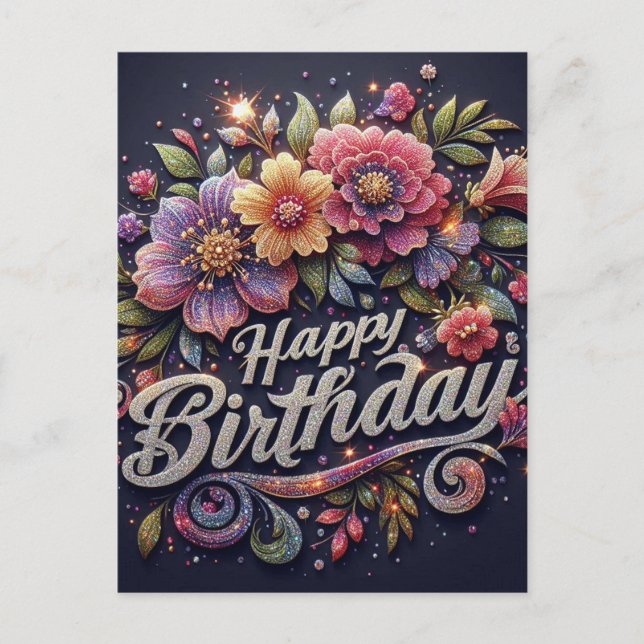 Geburtstagskarte : farbiges Glitter Postkarte (Vorderseite)