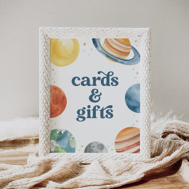 Geburtstagskarte und Geschenke im Weltraum Untersc Poster