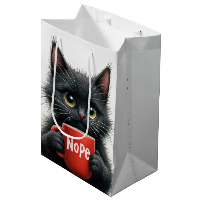Geburtstagskatze mit roter Tasse Mittlere Geschenktüte (Vorderseite Schrägansicht)