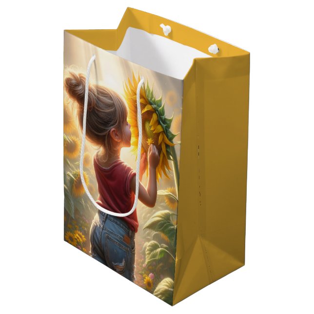 Geburtstagskind mit Sonnenblume Mittlere Geschenktüte (Vorderseite Schrägansicht)