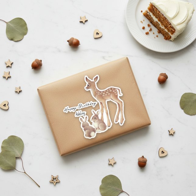 Geburtstagskinder und Bunnies Aufkleber (Birthday Fawn And Bunnies Sticker)