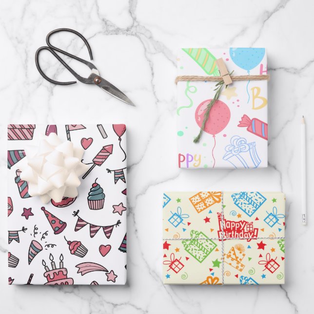 Geburtstagskopfpapier Flachblatt Set 3 Geschenkpapier Set (Vorderseite)
