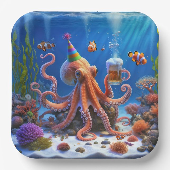 Geburtstagsktopus mit Bier Pappteller (Vorderseite)