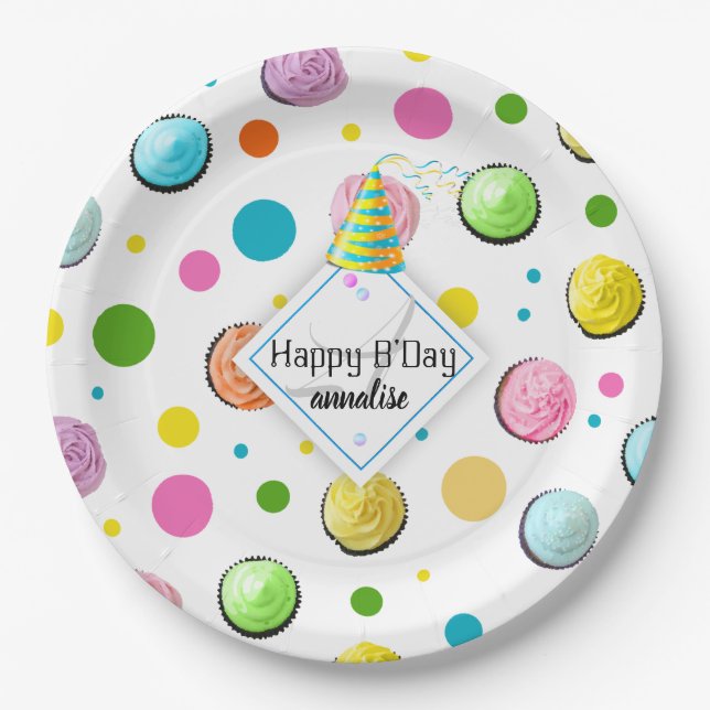 Geburtstagskuchen und Dots Monogramm Pappteller (Vorderseite)