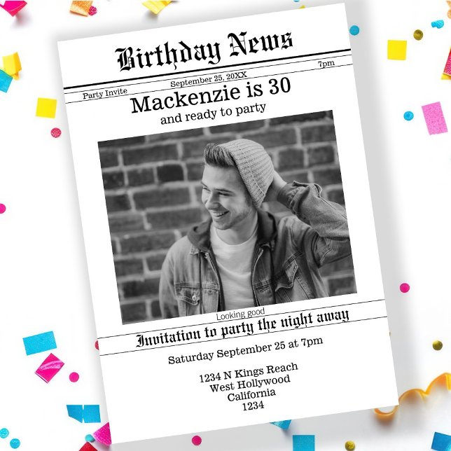 Geburtstagskündigung Zeitung Personalisiert Einladung (Birthday Announcement Newspaper Personalized Novelty Invitation by Ricaso. Add own photo and text)