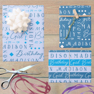 Geburtstagsmädchen Blau Süß Namen Hinzufügen Perso Geschenkpapier Set