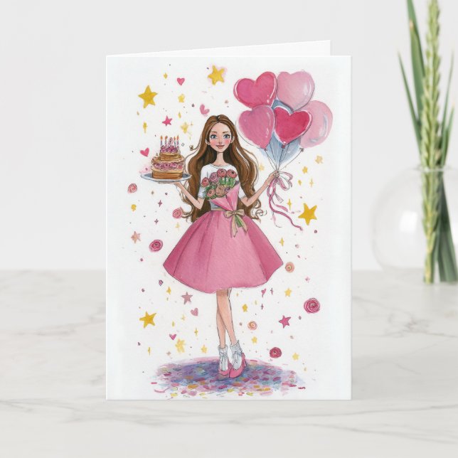 Geburtstagsmädchen mit Ballons Karte (Vorderseite)