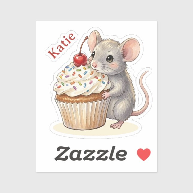 Geburtstagsmaus mit Cupcake | Personalisiert  Aufkleber (Blatt)