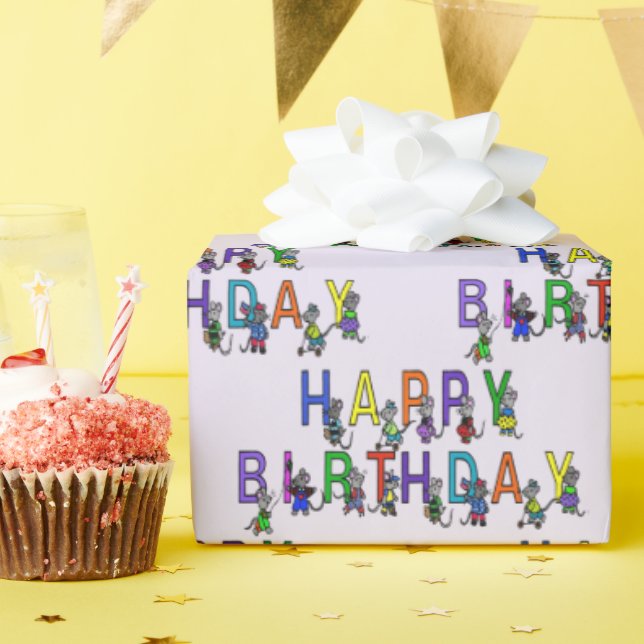 Geburtstagsmäuse auf Lila Geschenkpapier (Geburtstagsparty)