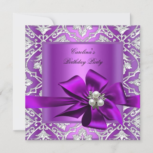 Geburtstagspartei Lila Silver Pearl Damask Einladung (Vorderseite)