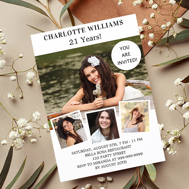 Geburtstagspartei Weißer Rosengold Foto Collage Einladungspostkarte (Von Creator hochgeladen)