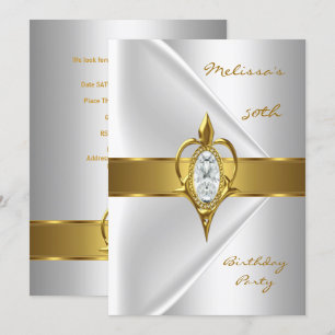 Geburtstagsparty 50. Silk White Diamond Gold Juwel Einladung