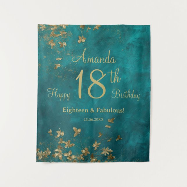 Geburtstagsparty Aquamarin und Gold Wandteppich (Vorderseite)