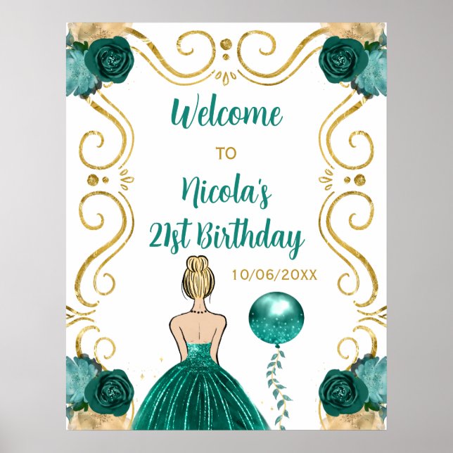 Geburtstagsparty Blonde Princess Aquamarin Willkom Poster (Vorne)