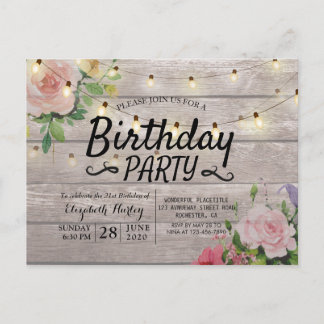 Geburtstagsparty-Blume Rustikale Holz-String-Licht Einladungspostkarte