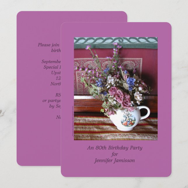 Geburtstagsparty Blume Vintag Teapot Lila Einladung (Vorne/Hinten)
