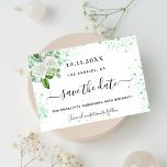 Geburtstagsparty Blumengrün Glitzern Save The Date<br><div class="desc">Eine trendige und mädchenhafte Save the Date-Karte für eine 40. Geburtstagsfeier (oder jedes Alter). Weiß und mit grünen Imitaten dekoriert, mit Glitzern aus Glitzer, weißen Blumen und Grünpflanzen. Personalisieren und fügen Sie ein Datum und Name/Alter 40. Schwarze Buchstaben. Der Text: Save the Date ist mit einem großen angesagten, handgeschriebenen Stilskript...</div>