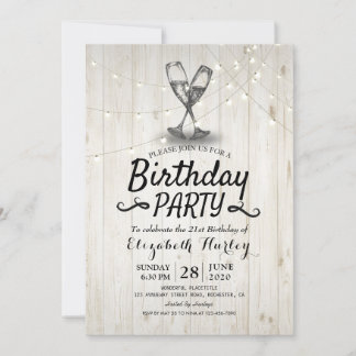 Geburtstagsparty Champagne Glass Holz String Light Einladung