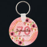 Geburtstagsparty Coral Gold Dahlia Blume Schlüsselanhänger<br><div class="desc">Ein trendiger Schlüsselanhänger für eine 70. Geburtstagsfeier. Mit einem Imitat goldhexagon geometrisch geformten Rahmen. Die Blume sind in Rosa, Creme und Korallen mit Aquarellfarben dekoriert. Lebende Korallen mit Polka Punkte als Hintergrund. Vorlagen für einen Namen, 70 Jahre und ein Datum. Geburtsdatum oder Geburtsdatum des Party. Briefe aus Burgund und Korallen....</div>