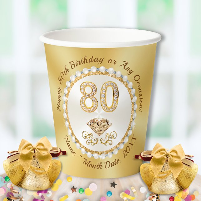 Geburtstagsparty Cups, Elfenbeinperlen, Gold, Pappbecher (80th birthday party supplies. Personalized Birthday paper cups. Birthday paperware. Pearls, Diamonds)